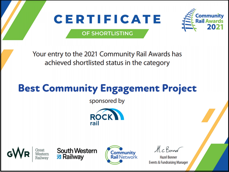 Certificate detailing award nomination for Best Communications Community Rail Awards 2020Certificate detailing award nomination for Best Communications Community Rail Awards 2021