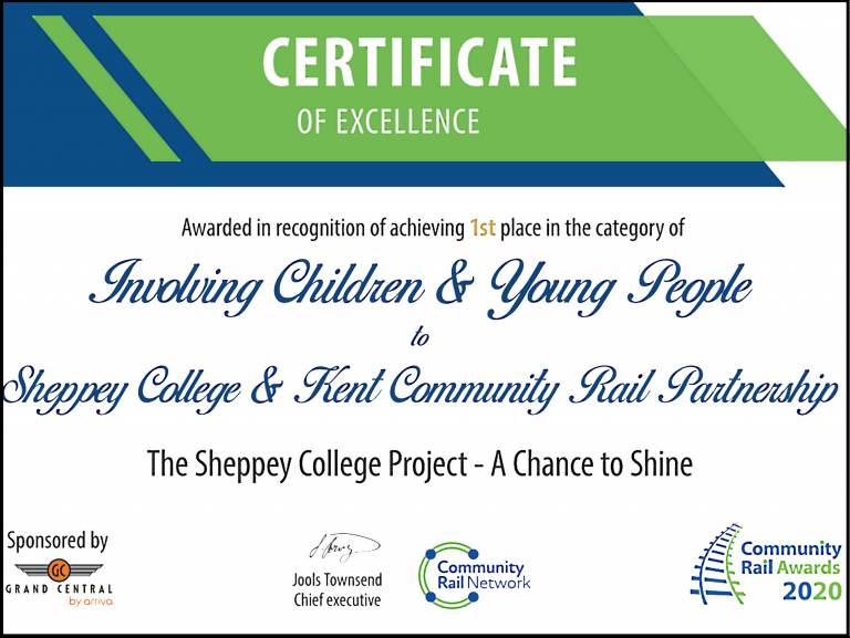 Certificate of Excellence awarded to Sheppey College for station improvements 2020