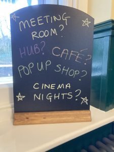 A chalk board "Meeting Room? Hub? Cafe? Pop-up Shop? Cinema Nights?