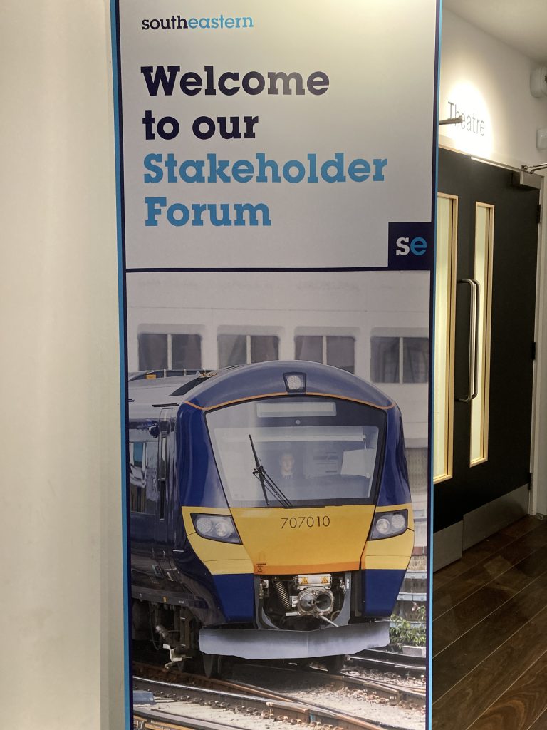 A banner "Welsome to our Stakeholder Forum" with Southeastern logo and an image of a "City Beam" train.