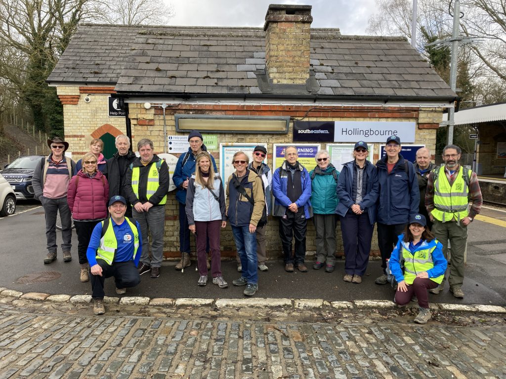 A group of walkers assembled outside Hollingbourne station
