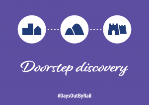 Infographic, a town, hills, a castle. Doorstep Discovery. Days Out By Rail