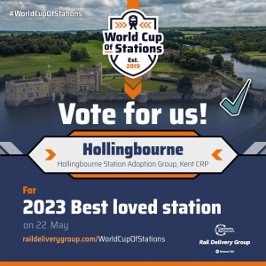 Image of Leeds Castle in the Kent countryside. "World Cup of Stations, Vote for us! Hollingbourne for 2023 Best loved station"