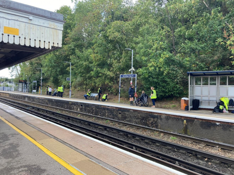 A team of people in hi-vis vests planting bulbs in the verge alongside a station platform