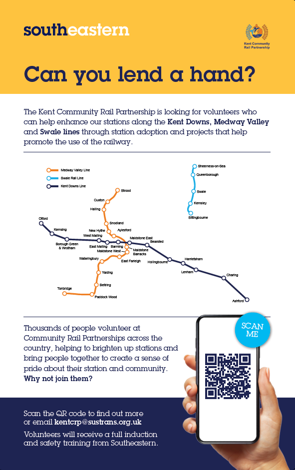 A poster "Can you lend a hand?" Features a map of Kent Community Rail Partnership's lines, with text promoting volunteering opportunities. A qr code links to our website.