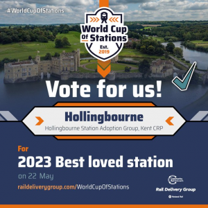Image of Leeds Castle, Kent. Imposed across the image is a shield logo featuring a graphic depicting a train on a track and the words "World Cup of Stations. Established 2019" Image has the following text "Vote for us" Hollingbourne, Hollingbourne Station Adoption Group, Kent CRP. For 2023 Best loved station"