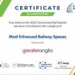 Certificate of Shortlisting - Community Rail Awards 2024 in the category of Most Enhanced Railway Spaces