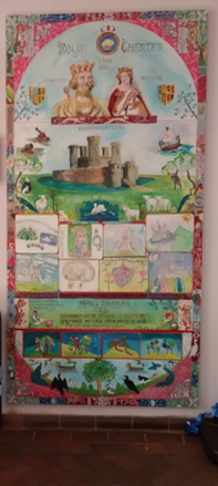A mural depicting a King Edward III, Queen Philippa and Queenborough Castle. Text explains the