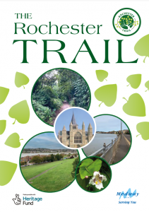Cover of Rochester Trail brochure depicting green spaces, Rochester Cathedral and a riverside walkway