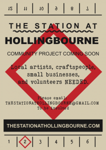 A poster in the form of a historic railway ticket. "The Station at Hollingbourne. Community project coming soon. Local artists, craftspeople, small businesses, and volunteers needed.
