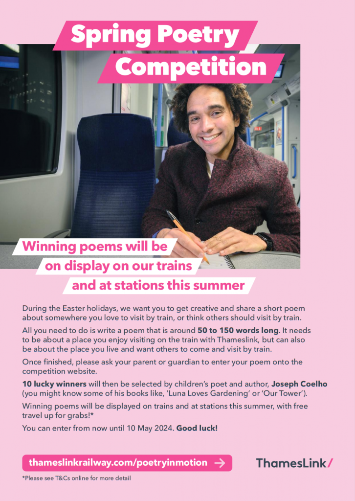 Poster - Spring Poetry Competition. Picture of a person on a train writing in a note book. Summary of terms and conditions and link to website page with further info.