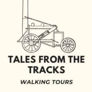 Tales from the Tracks Logo. Image of an early steam locomotive "Tales from the Tracks" Walking Tours