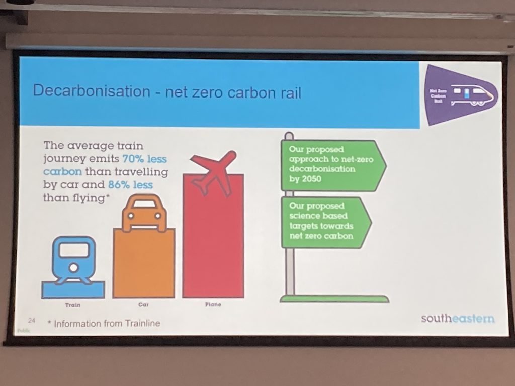 Image of a presentation slide. Decarbonisation - net zero carbon rail. The averagr train journey emits 70% less carbon than travelling by car and 86% less than flying.