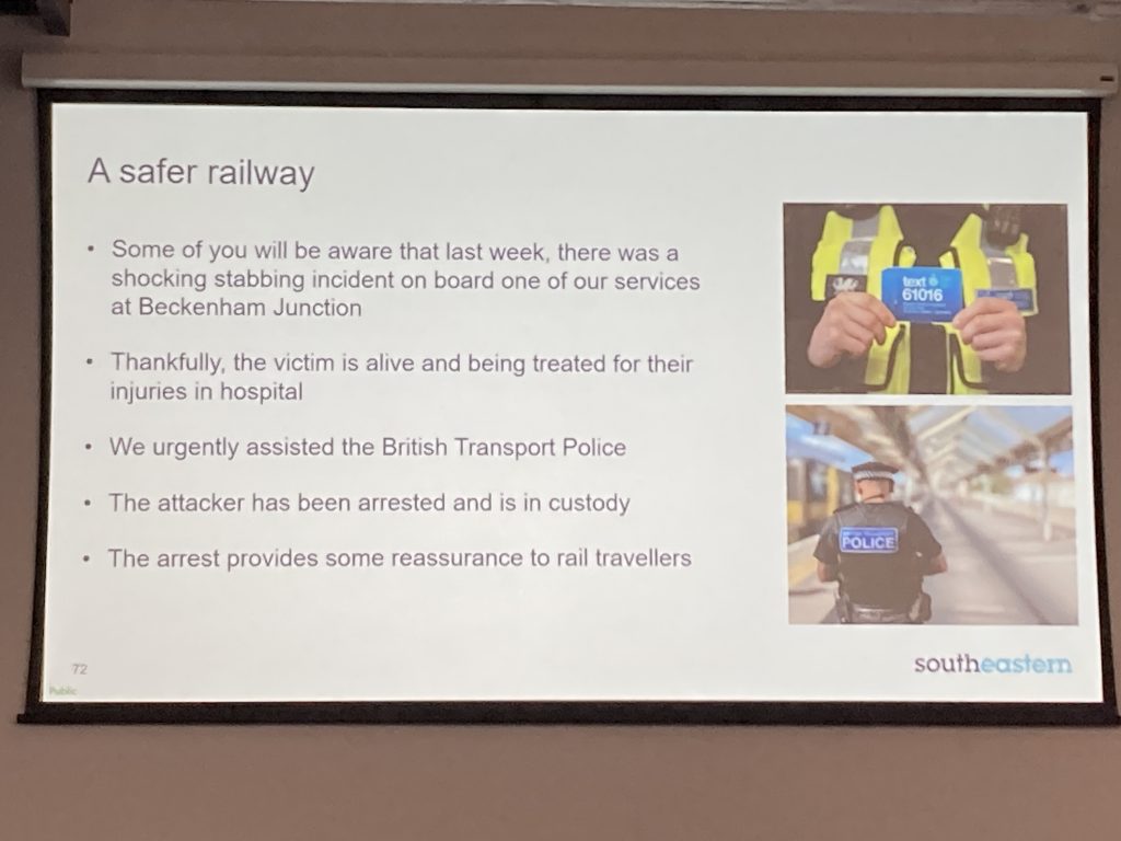 Presentation slide. A safer railway. Report of a violent incident at Beckenham Junction and the police action that led to a swift arrest.