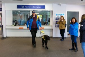 Having purchased their ticket, a guide dog leads their user away from the ticket office window at the station