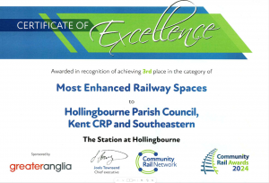 Certificate of Excellence. Awarded in recognition of achieveing third place in the catergory of Most Enhance Railway Spaces to Hollingbourne Parish Council, Kent CRP and Southeastern. The Station at Hollingbourne