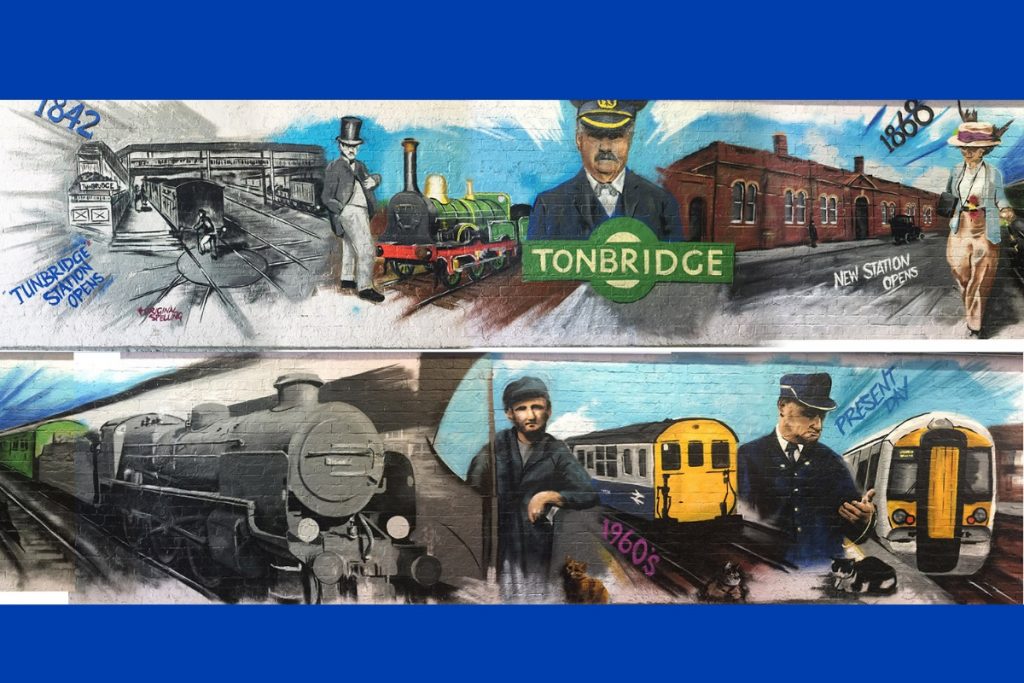 Panels from a painted mural depicting the history of Tonbridge station from 1842. Images include steam and electric trains through the ages and railway staff in a variety of uniforms.