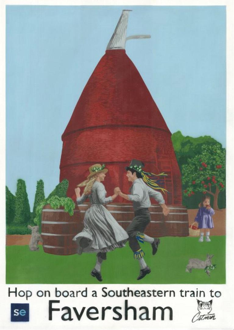 A Southeastern railway poster "Hop on board a Southeastern train to Faversham". Two people dance on a grass lawn in front of an oast house.