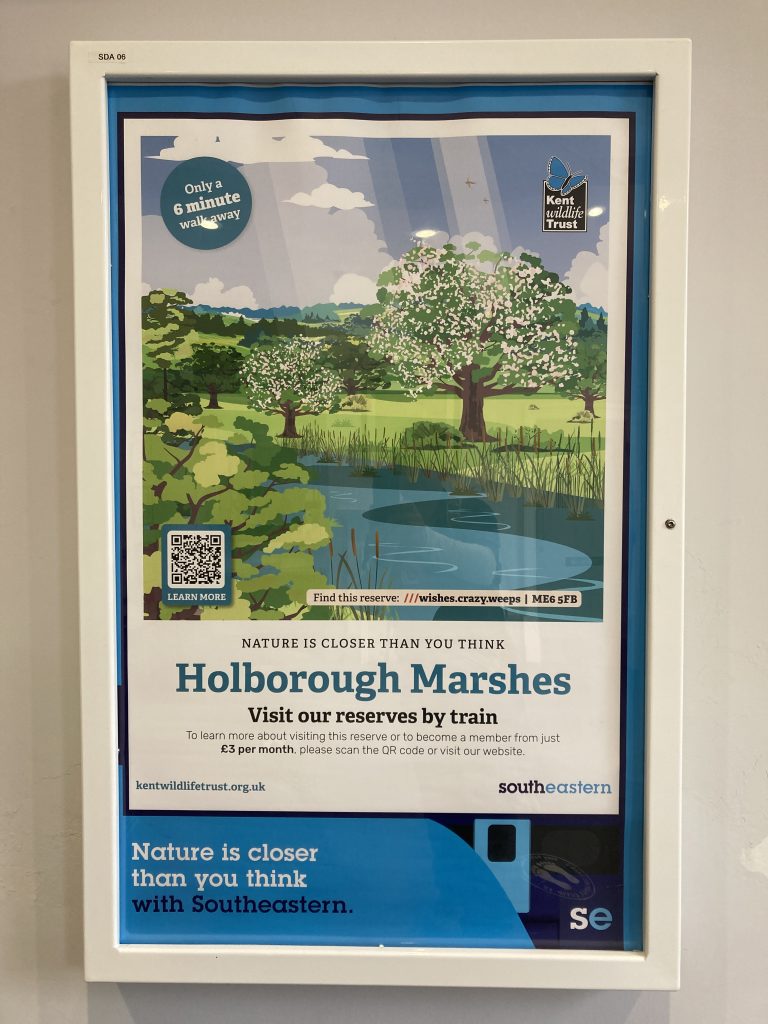 A poster advertising Holborough Marshes, featuring a stylised view of trees in a grassy meadow beside a body of water.
