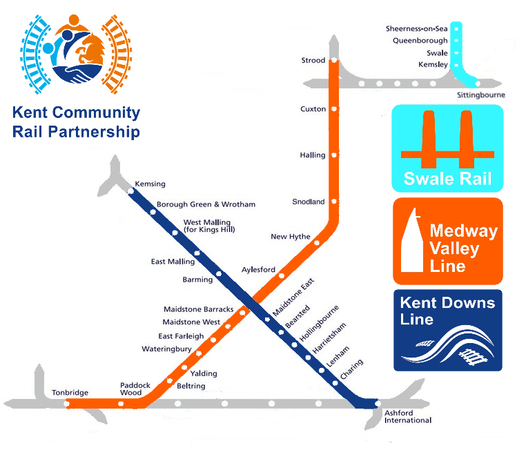 A rail style map of the three Kent Community Rail Partnership lines