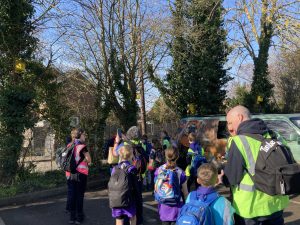 A group of excited cubs are being shown the bird boxes that they helped make. The bird boxes are in trees at the edge of a car park