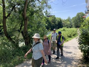 A group of walkers on a path, a verge of shrubs and trees separates them from the river