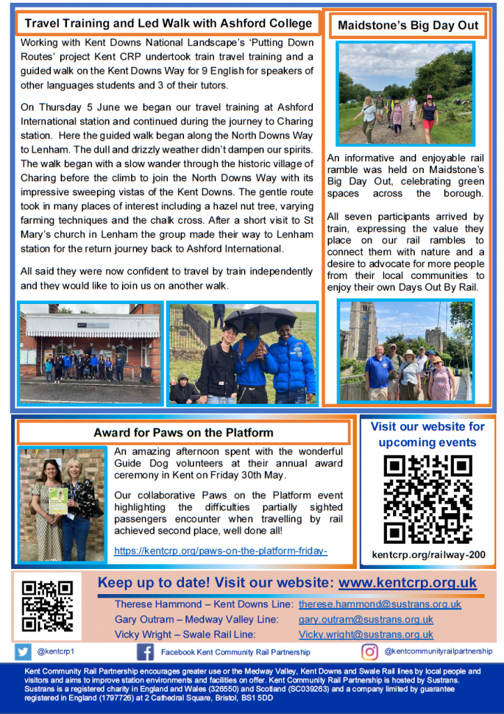 Final page of the Summer 2025 Newsletter. Main story is a travel training activity with Ashford College and accompanying pictures