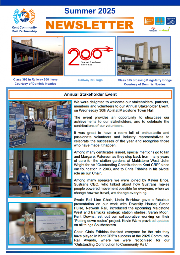Cover page of the Summer 2025 Newsletter. Header featuring logos and images of trains on our lines. Main story is Annual Stakeholder Event with accompanying pictures