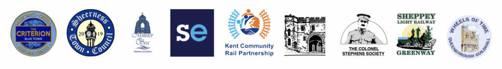 Logos of all the sponsors and collaborating partners linked to the event: The Criterion Heritage Centre, Sheerness Town Council, Minster on Sea Parish Council, Southeastern, Kent Community Rail Partnership, Minster Gatehouse Museum, The Colonel Stephens Society, Sheppey Light Railway Greenway, Queenborough Guildhall Museum