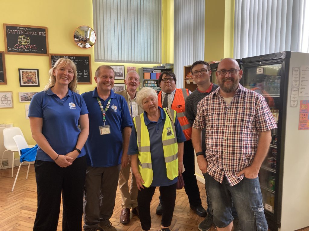 Kent CRP Officers Vicky and Gary, volunteers Linda, a rail enthusiast and volunteer Dominic pose for a picture in Catle Connections with Kevin McKenna MP