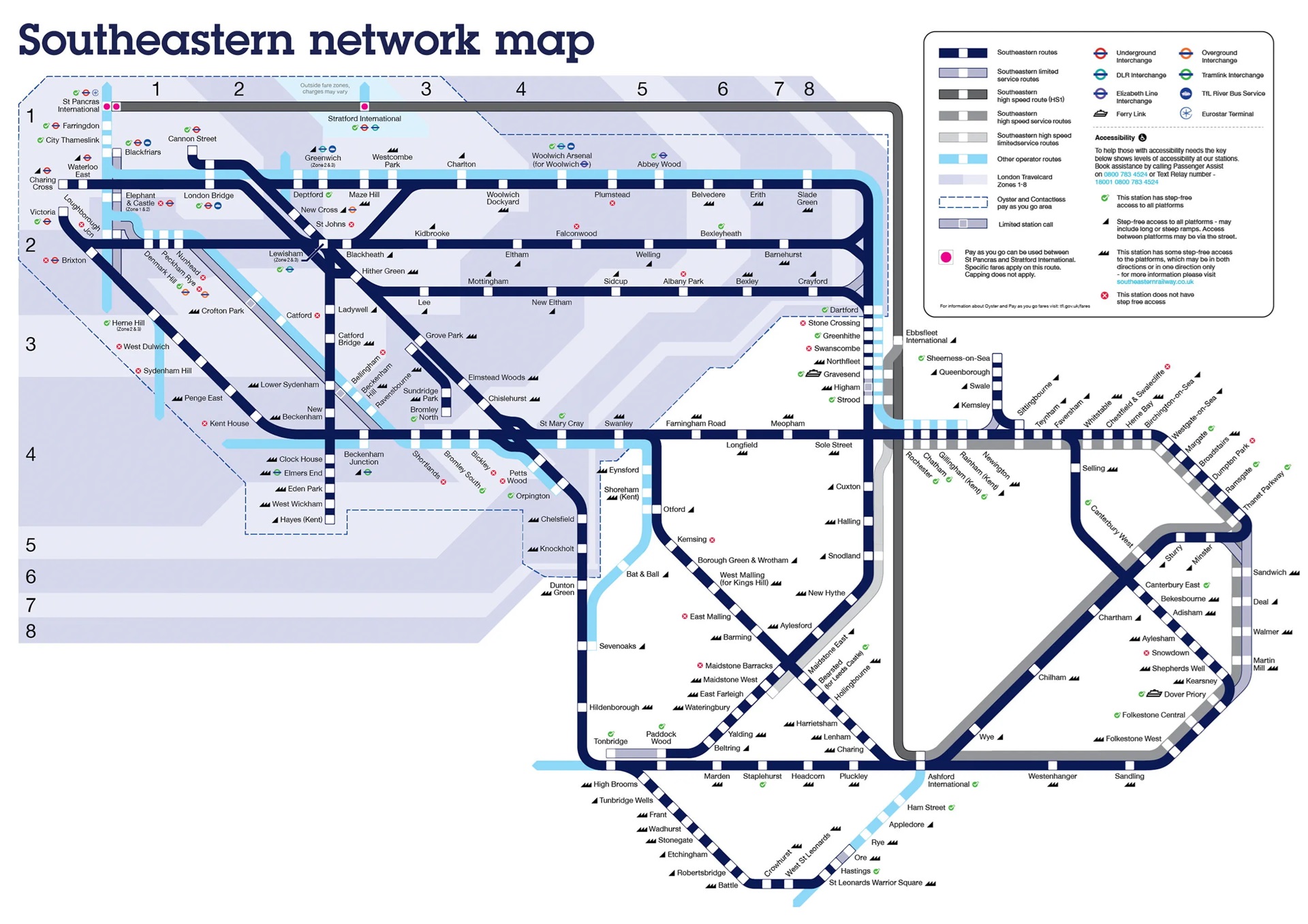 Southeastern Network Map. A simplified line map showing railway lines and stations in Kent and Southeast London