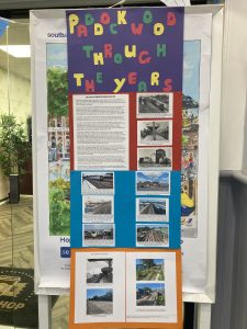 A homemade information panel "Paddock Wood Though The Years" attached to a poster board
