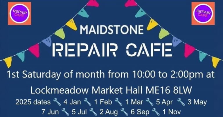 Banner poster, featuring colourful bunting flags, Maidstone Repair Cafe. 1st Saturday of the month from 10am to 2pm at the Market Hall, Lockmeadow.