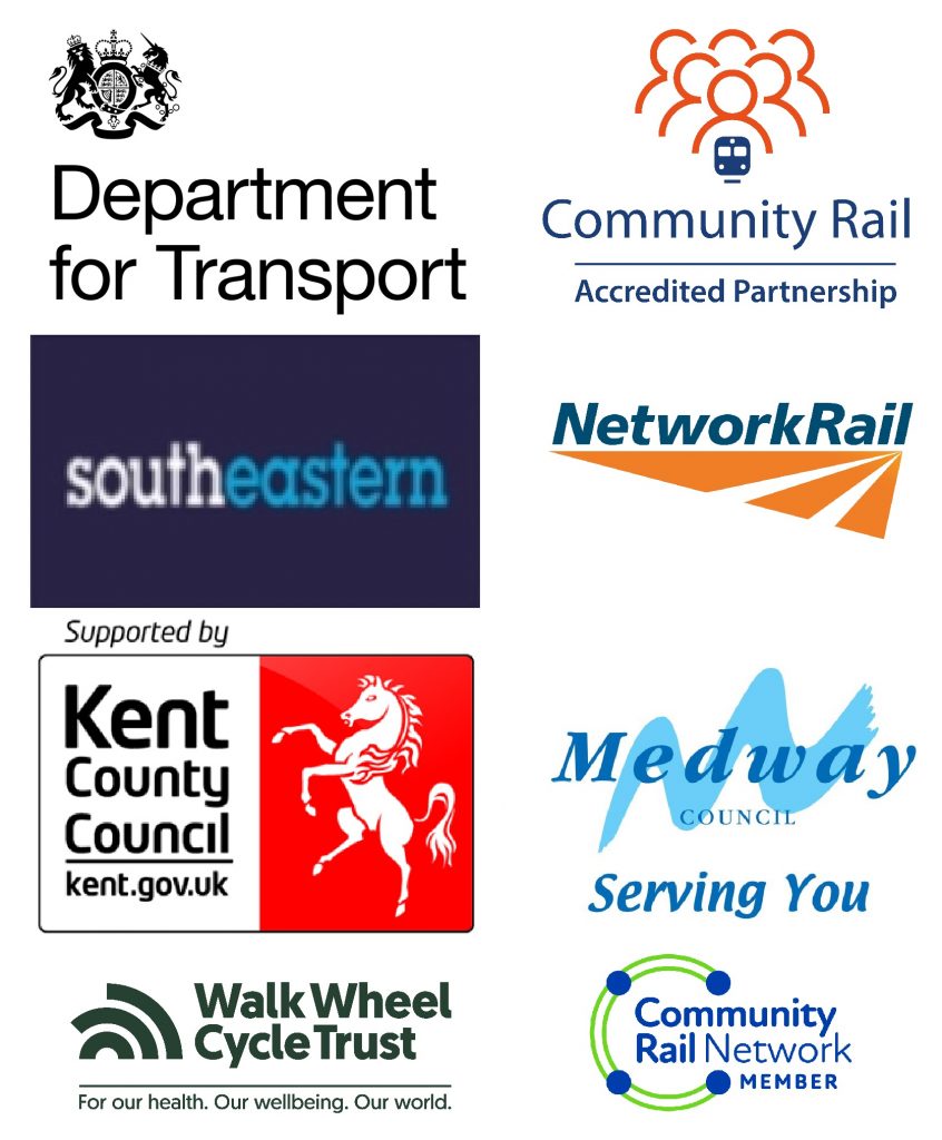 Logos of Department for Transport, Accredited Community Rail Partnership, Southeatern, Network Rail, Kent County Council, Medway Council, Walk Wheel Cycle Trust, Community Rail Network Member