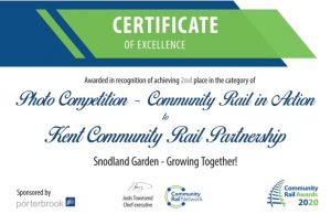 Certificate of Excellence. Photo competition - Community Rail in Action. Kent Community Rail Partnership. Snodland Garden - Growing Together