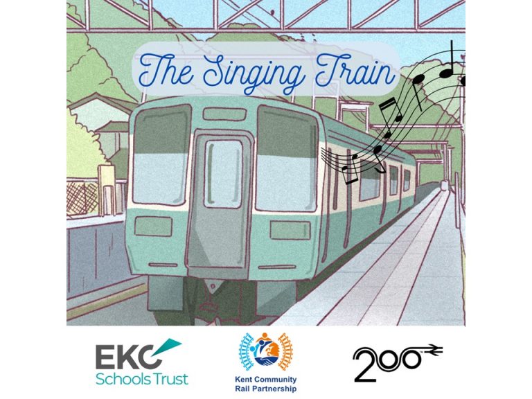 Poster for the Singing Train. Illustration of a train at a station. Musical notes come from the side of a carriage into the air. Logos of EKC Schools Trusr, Kent Community Rail Partnership and Railway 200
