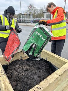 Two people in hi-vis empty bags of soil and compost into a wooden planter