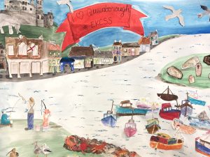Student artwork, a view of Queenborough harbour featuring bobbing boats, quayside cottages and the historic castle