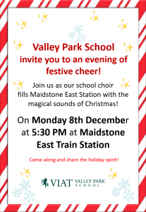 Poster: Red and white border in a candy cane style, sprinkling of sparkly stars and snowflakes around the message. "Valley Park School invite you to an evening of festive cheer! Join us as our school choir fills Maidstone East Station with the magical sounds of Christmas! On Monday 8th December at 5:30pm at Maidstone East train station. Come along and share the holiday spirit!"