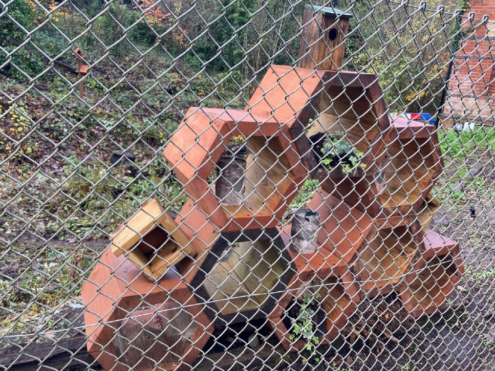 Hexagon habitats, large clay structures, some with planting or bird boxes to encourage wildlife. They are behind a wire link fence
