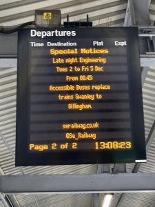 A matrix diaplay departure screen on a station platform, detailing future disruption.