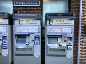 A row of ticket vending machines