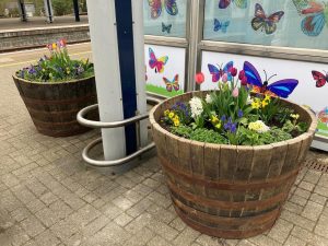 Planters of colourful flowers on a station platform