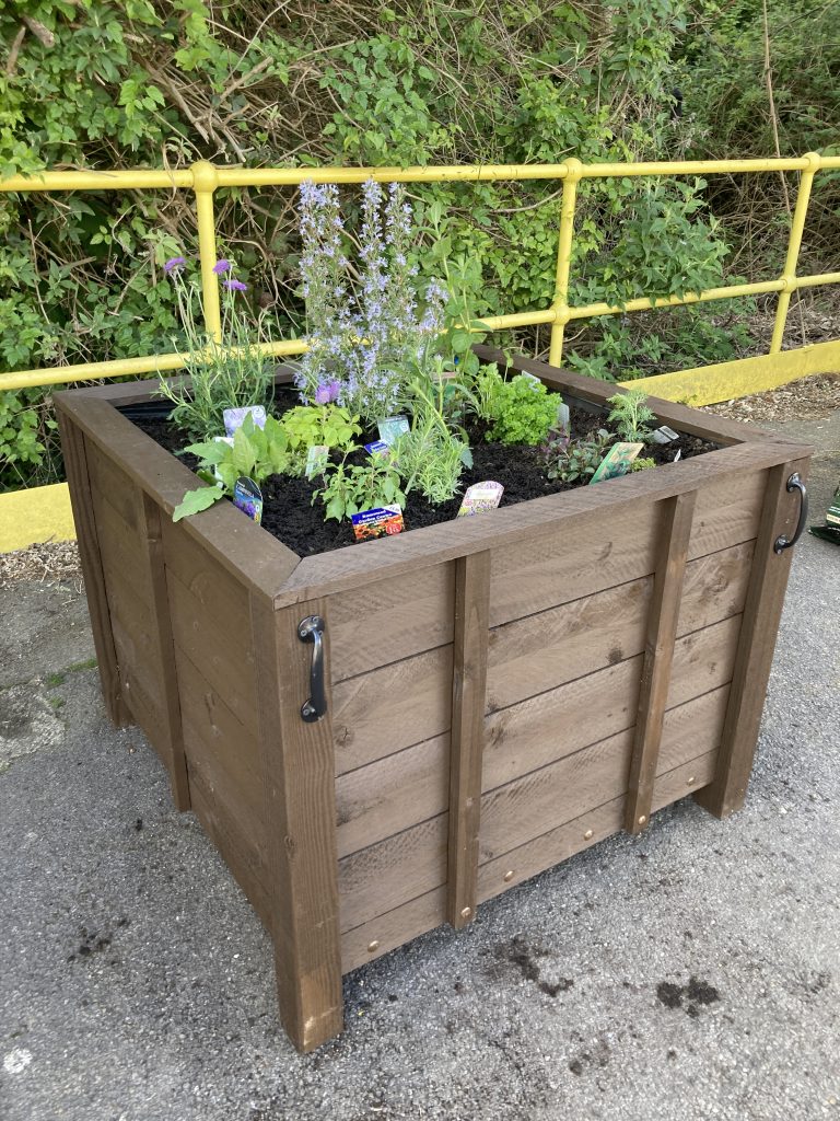 A wooden planter with fresh planting on a station platform.