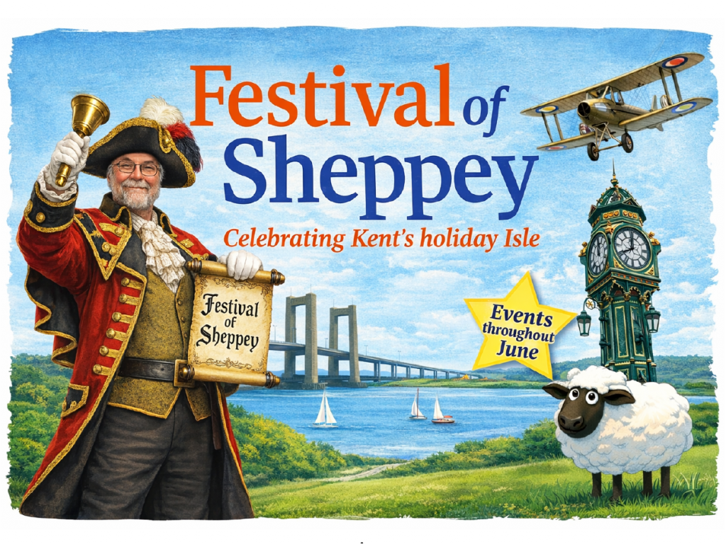 Stylised image against a backdrop of the Swale channel and the lifting Kingsferry Bridge, with blue skies, green fields and sailing boats on the water. A town crier is ringing a bell. A sheep is standing in the field, in front of the Sheerness clock tower. A bi-plane flies overhead. "Festival of Sheppey, Celebrating Kent's Holiday Isle. Events throughout June.