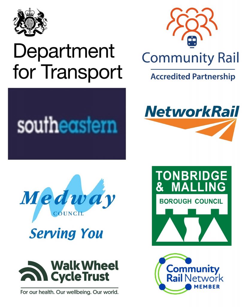 Logos of Department for Transport, Community Rail Accredited Partnership, Southeastern, Network Rail, Medway Council, Tonbridge and Malling Borough Council, Walk Wheel Cycle Trust, Community Rail Network Member