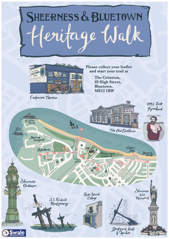 Brochure for Sheerness and Bluetown Heritage Walk. A stylised map of the area showing key landmarks and points of interest.