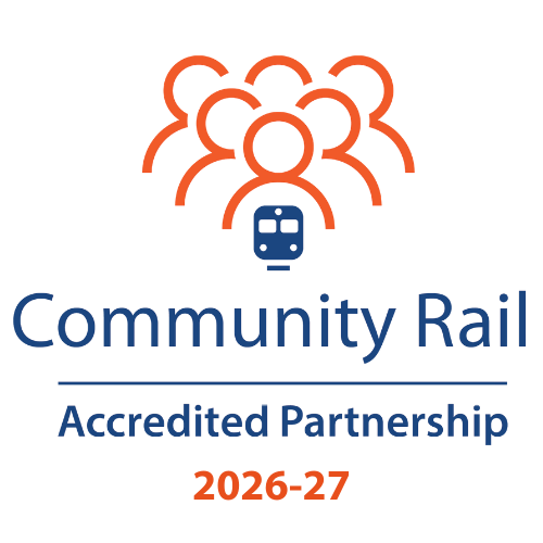 Logo. Stylised outlines of heads and shoulders of a group of people coloured in orange above a train coloured blue. Community Rail Accreited Partnership 2026-27