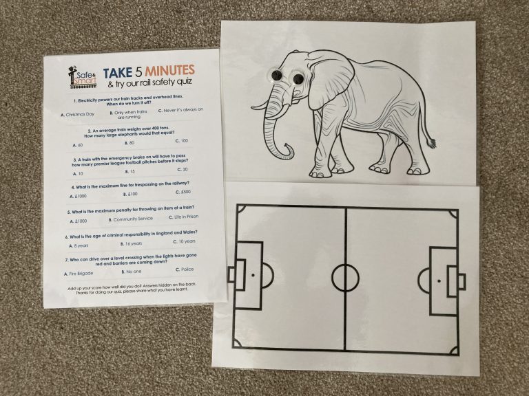 A rail safety quiz sheet with seven multiple choice questions. An outline picture of an elephant with ggogly eyes. An outline picture of a football pitch