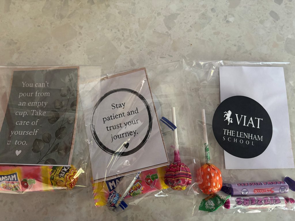 Treat bags from the Lenham school containing positive messages and a variety of chewy sweets.